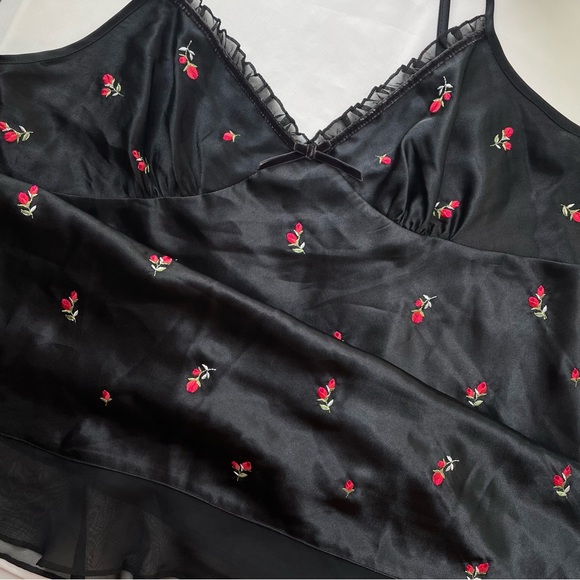 Morgan Taylor Intimates Black Satin Rose Slip Dress with Sheer Tulle Detail L - Picture 1 of 6